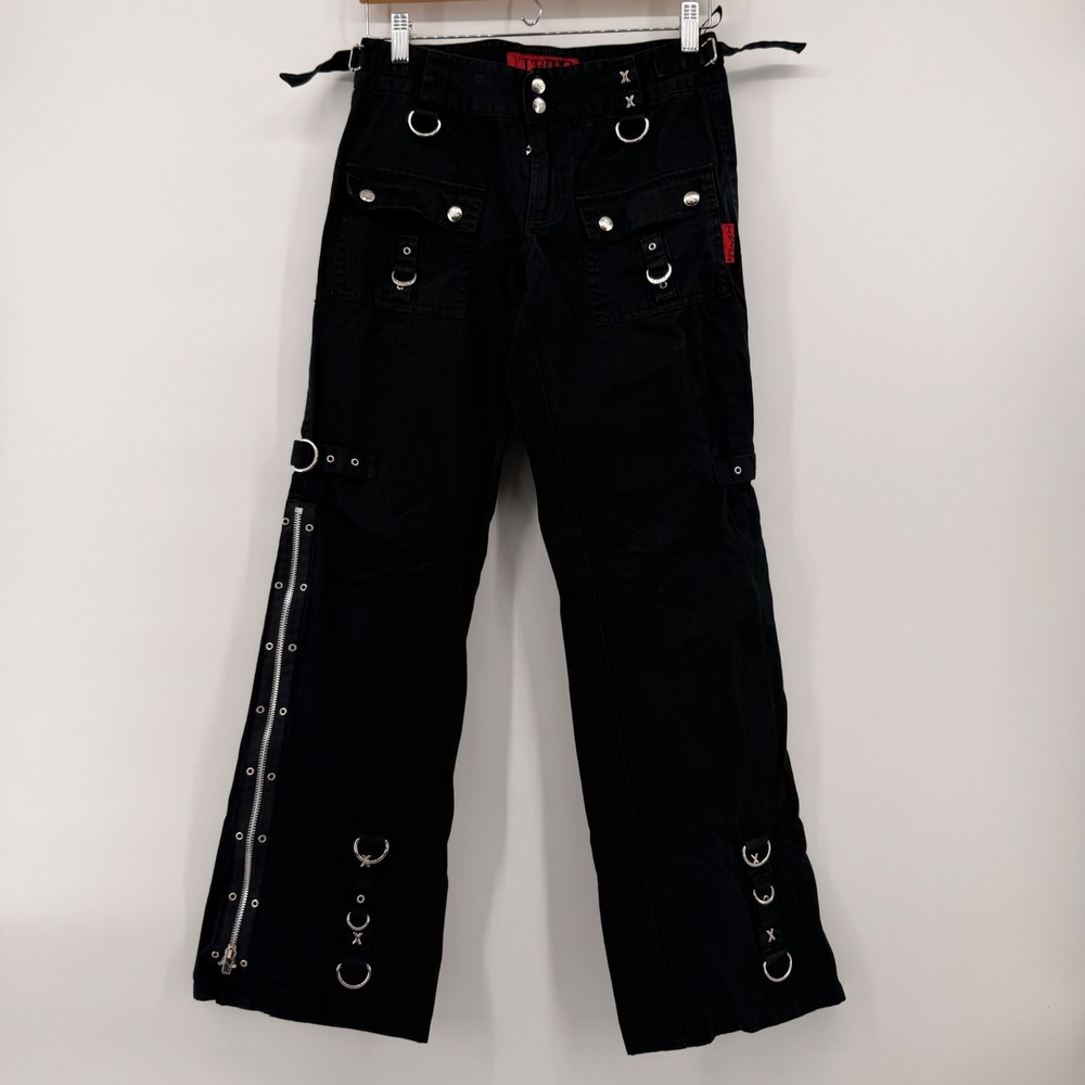 Tripp NYC Black Gothic Cargo Pants D-Ring Grommet Skull Zipper Wide Leg 29 Waist